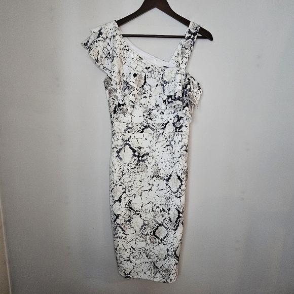 Rachel Roy Midi Dress Elegant Black White Snake Print Cocktail Neutral Ruffle - Picture 2 of 15